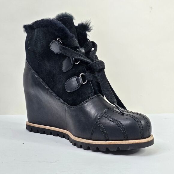 Ugg Pure Black Alasdair Leather Wedge Boots - Picture 1 of 14